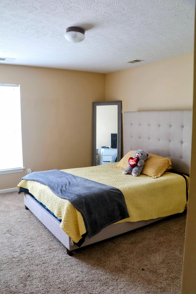 carpeted bedroom with a textured ceiling