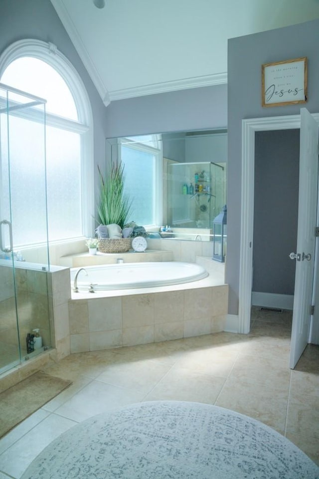 bathroom with separate shower and tub, crown molding, tile patterned flooring, and vaulted ceiling