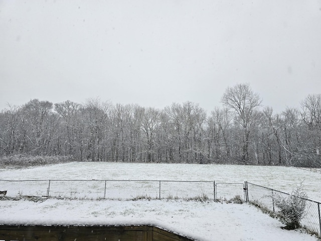 yard covered in snow featuring a view of trees and fence