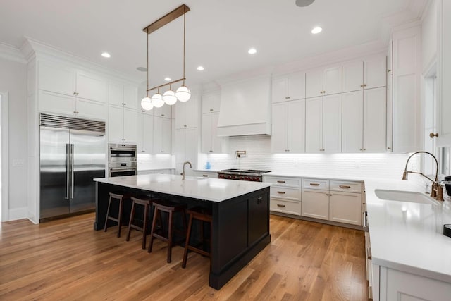 kitchen with appliances with stainless steel finishes, a kitchen breakfast bar, premium range hood, sink, and a center island with sink