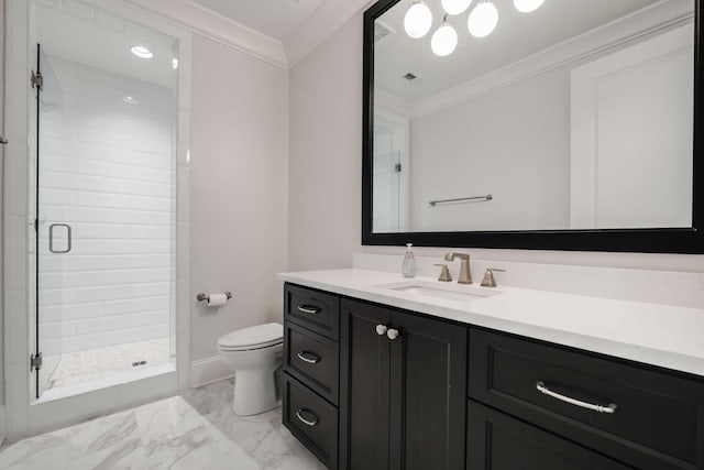 bathroom featuring crown molding, a shower with door, vanity, and toilet