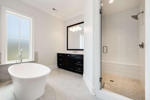 bathroom featuring vanity, separate shower and tub, and crown molding