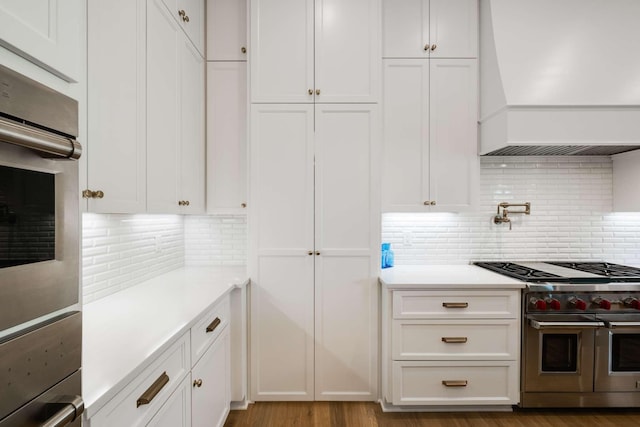 kitchen featuring custom exhaust hood, white cabinetry, stainless steel appliances, and tasteful backsplash