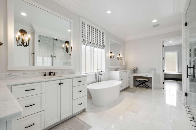 bathroom featuring separate shower and tub, vanity, and ornamental molding