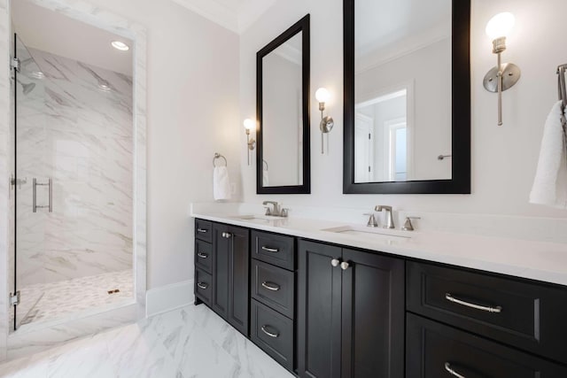 bathroom featuring vanity, ornamental molding, and walk in shower