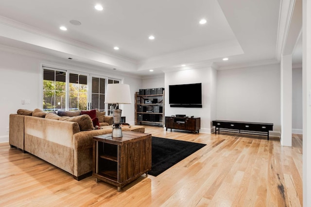 living room featuring a raised ceiling, ornamental molding, and light hardwood / wood-style flooring