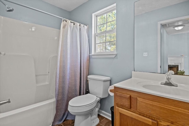 full bathroom featuring toilet, shower / bathtub combination with curtain, tile patterned floors, and vanity