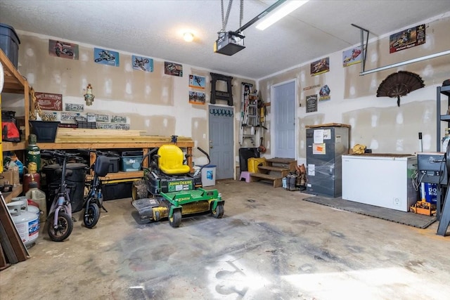 garage featuring a garage door opener and a workshop area