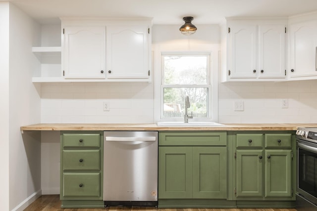 kitchen with decorative backsplash, white cabinetry, sink, and stainless steel appliances