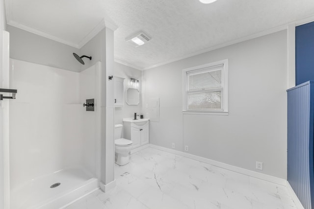 bathroom featuring walk in shower, a textured ceiling, toilet, vanity, and ornamental molding