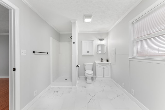 bathroom with walk in shower, a textured ceiling, vanity, crown molding, and toilet