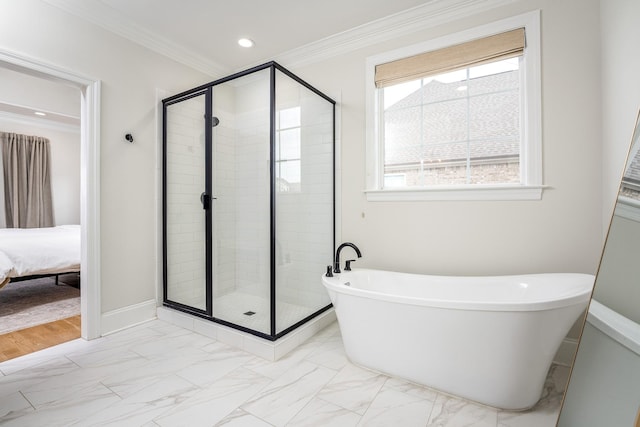 bathroom with crown molding and shower with separate bathtub