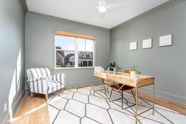 office area with ceiling fan, ornamental molding, and light hardwood / wood-style flooring