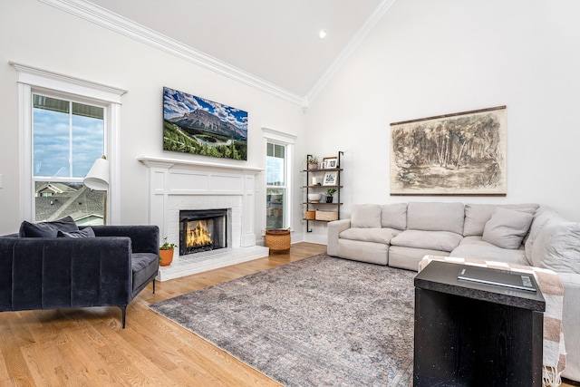 living room with wood-type flooring, ornamental molding, a fireplace, and high vaulted ceiling