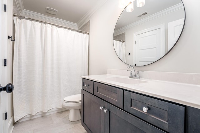 bathroom with tile patterned floors, vanity, crown molding, toilet, and curtained shower