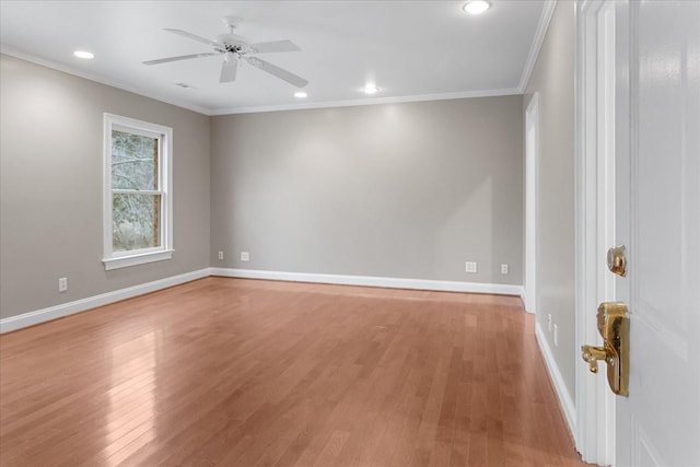 unfurnished room featuring crown molding, ceiling fan, and light hardwood / wood-style flooring