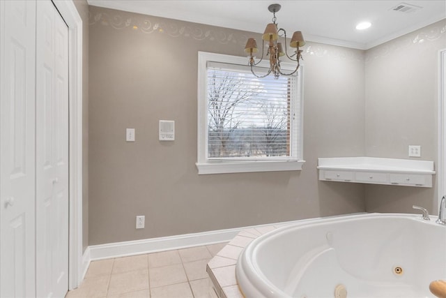 bathroom with crown molding, tiled bath, tile patterned floors, and a chandelier