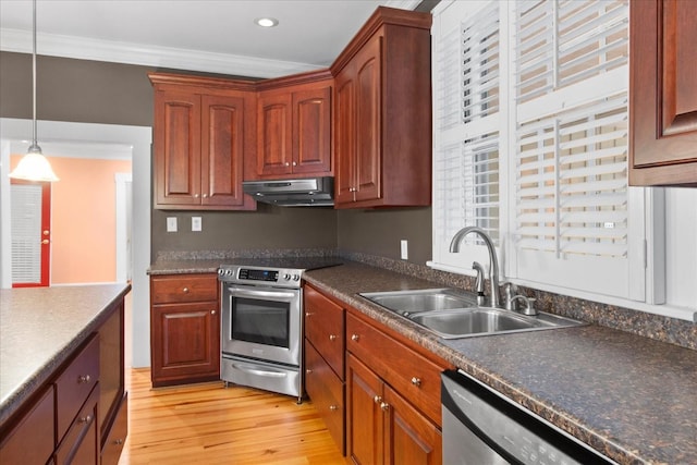 kitchen with sink, crown molding, decorative light fixtures, stainless steel appliances, and light hardwood / wood-style floors