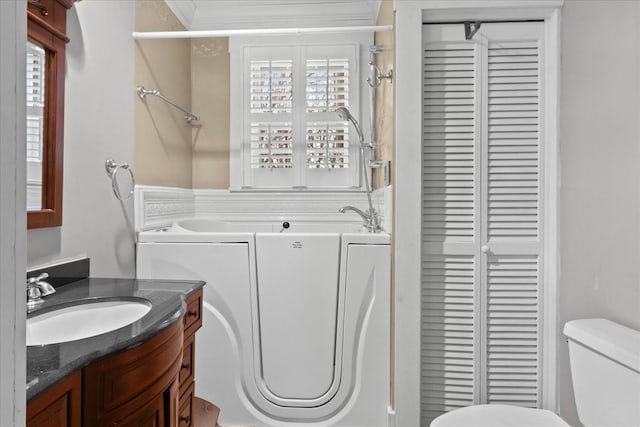 bathroom with vanity, plenty of natural light, a tub, and toilet