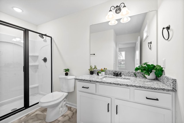 full bathroom with vanity, a shower stall, toilet, and marble finish floor