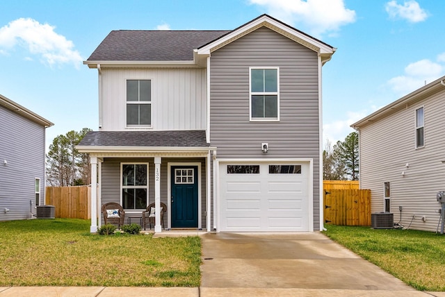 traditional-style home featuring central air condition unit, fence, covered porch, and roof with shingles