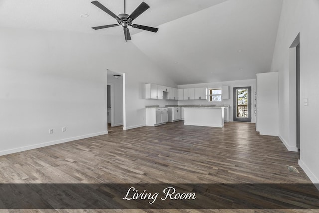 unfurnished living room featuring dark wood-style floors, high vaulted ceiling, a ceiling fan, and baseboards