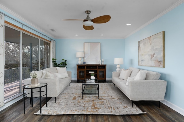 living room featuring ceiling fan, crown molding, and dark wood-type flooring