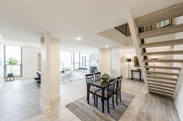 dining space featuring a wealth of natural light, light hardwood / wood-style flooring, and expansive windows