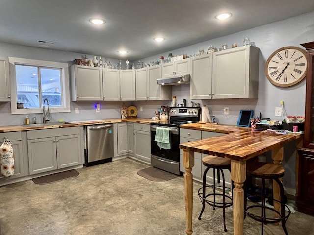 kitchen featuring appliances with stainless steel finishes, gray cabinets, butcher block counters, and sink