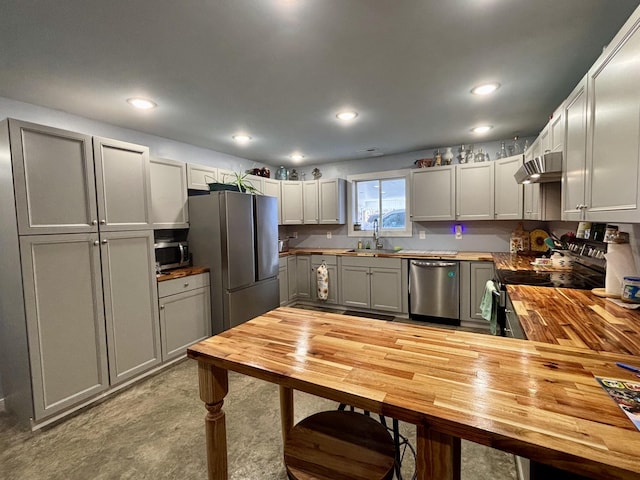 kitchen with wooden counters, stainless steel appliances, gray cabinetry, and sink