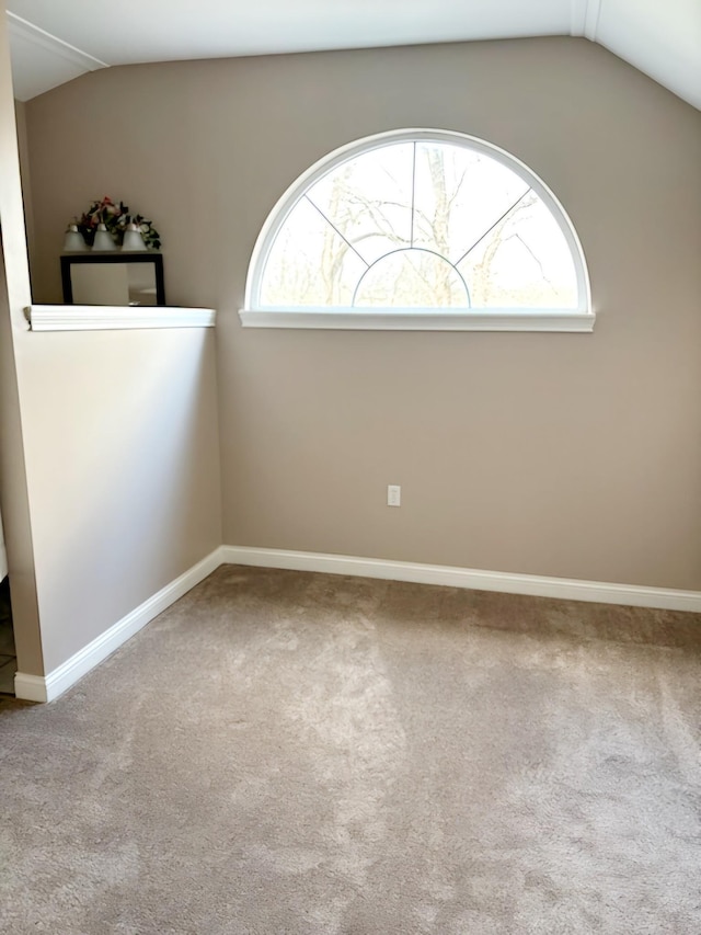 unfurnished room with carpet and vaulted ceiling