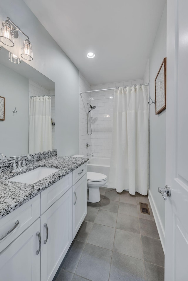 full bathroom featuring vanity, shower / bathtub combination with curtain, and toilet