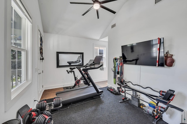 workout area with ceiling fan, plenty of natural light, and vaulted ceiling