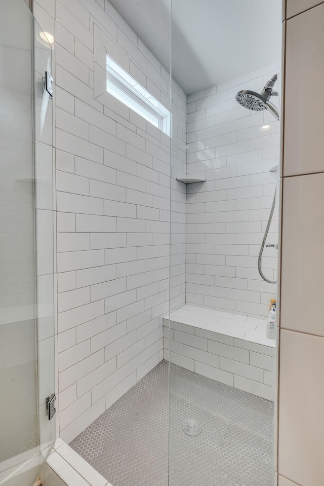 bathroom featuring a shower with shower door