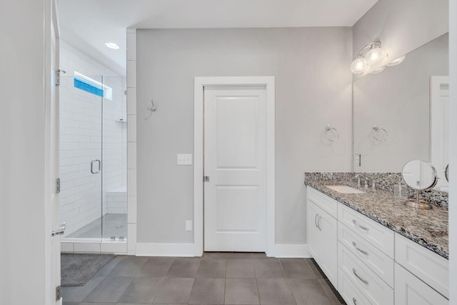 bathroom featuring tile patterned floors, vanity, and walk in shower