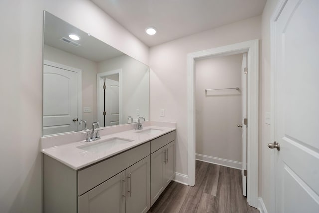 bathroom with hardwood / wood-style floors and vanity