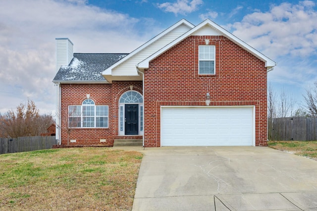 view of front property featuring a garage and a front lawn