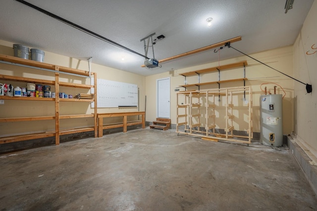 garage with a garage door opener and water heater