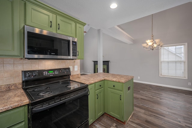 kitchen with green cabinets, black electric range oven, and a chandelier