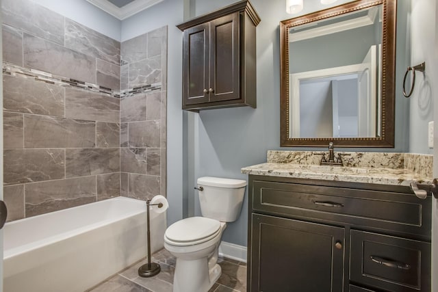 full bathroom with vanity, crown molding, tiled shower / bath combo, and toilet