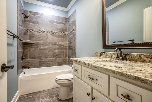 full bathroom featuring tiled shower / bath, ornamental molding, toilet, and vanity