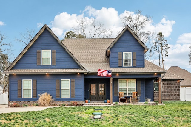 view of front of property featuring french doors and a front lawn