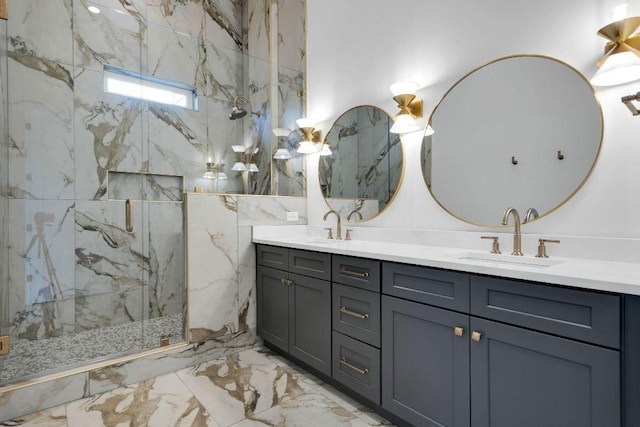 bathroom with vanity and a shower with shower door