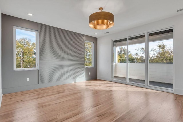 spare room featuring light hardwood / wood-style floors and plenty of natural light