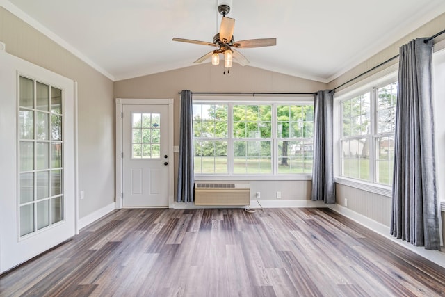 unfurnished sunroom with an AC wall unit, ceiling fan, and lofted ceiling