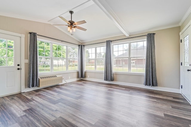 unfurnished sunroom featuring ceiling fan, a healthy amount of sunlight, and vaulted ceiling