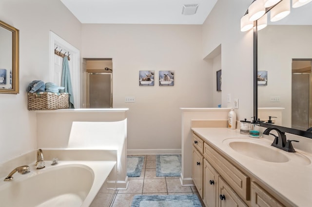 bathroom with separate shower and tub, tile patterned floors, and vanity