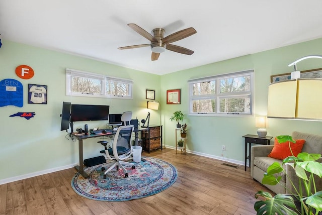 office area with ceiling fan and wood-type flooring