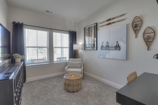 living area featuring carpet floors