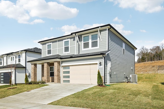 view of front facade featuring a garage, concrete driveway, central air condition unit, a front lawn, and brick siding